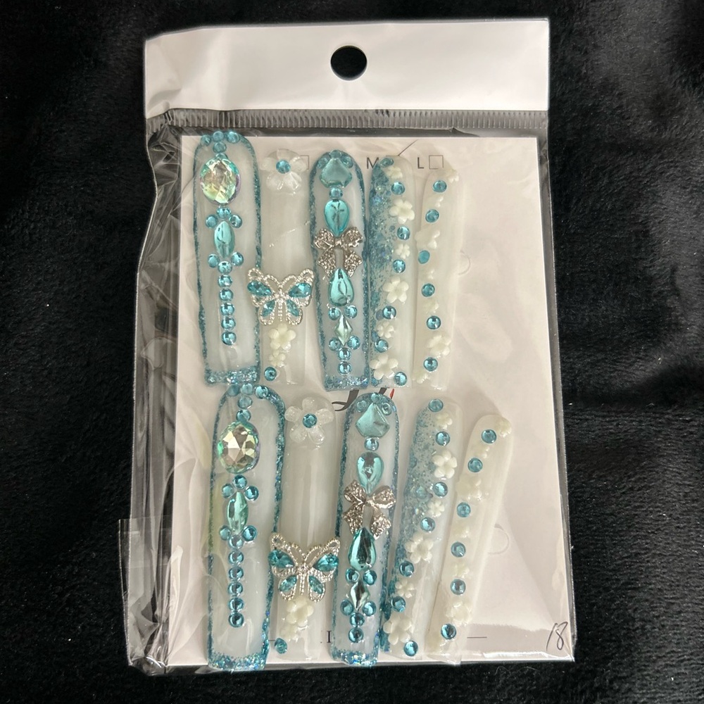 Blue and White Rhinestone Pressed On Nail Set/ acrylic hand made nail set
